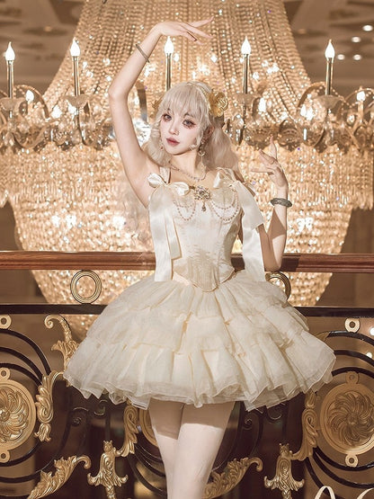 Layered Decorated Skirt Corset Top Rhinestone Tulle Jacquard + Champagne Set