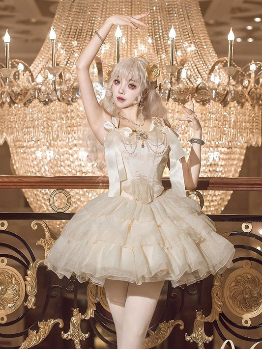 Layered Decorated Skirt Corset Top Rhinestone Tulle Jacquard + Champagne Set