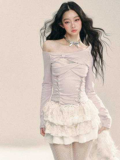 ライトパープルのカットアウトデザイン レースアップ ニットトップス