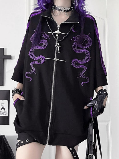 Black Style Jacketwith Striped Embroidery Gothic Purple SleevesSnake Cheongsam Short Tracksuit