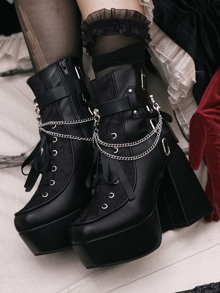 Inner with Chains Zip Block Boots Detachable Black Heel Lace-up Gothic High Details Platform - Ankle