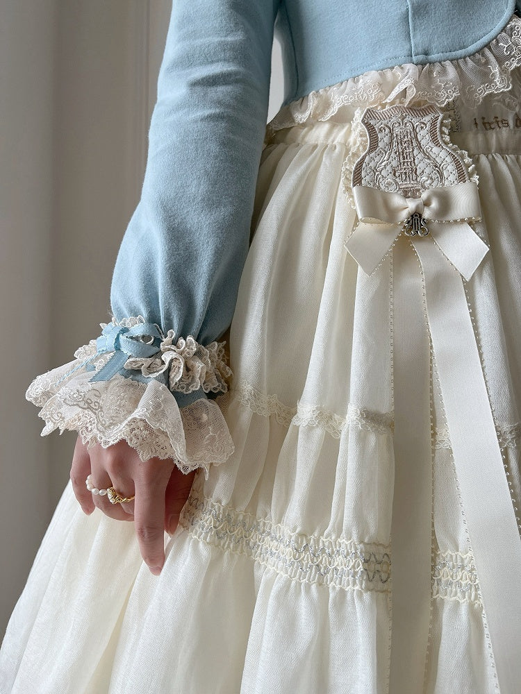 Autumn Trim Fashion Blue Accents Dusty Cropped Lolita Cardigan mit Spitzenschleife und