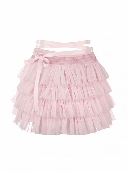 Gepunkteter Puff-Tupfen-Stufenrock mit Satinschleife in Rosa