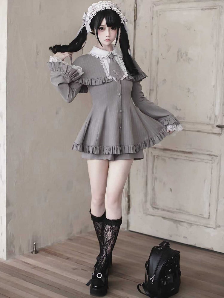 with Shorts Kei Tie Set: Jirai Bell-Sleeve Cape Detachable Mini Dress Gray Striped Matching