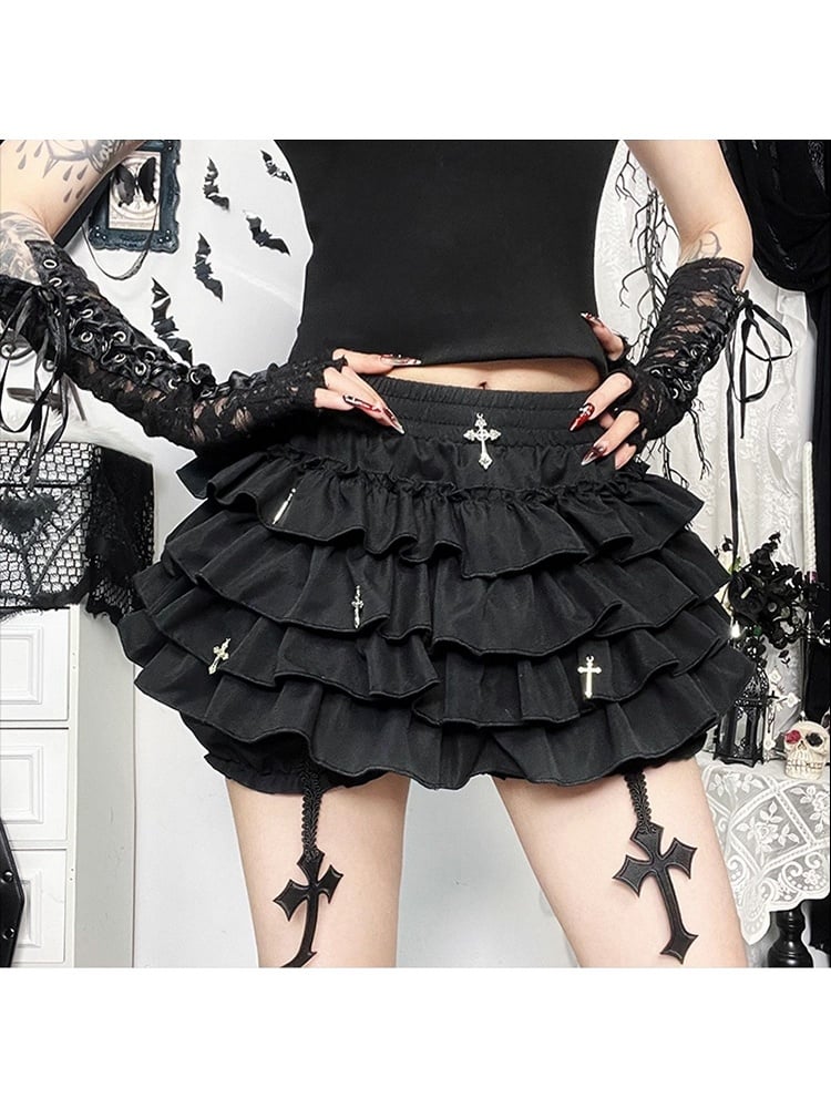 Built-in Charms Shorts Skirt Tiered Cross Black with Halloween Gothic