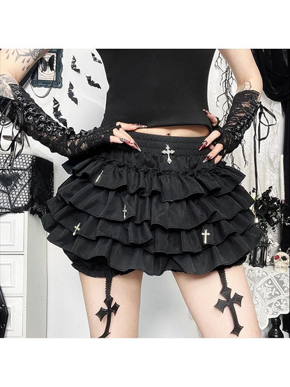Built-in Charms Shorts Skirt Tiered Cross Black with Halloween Gothic