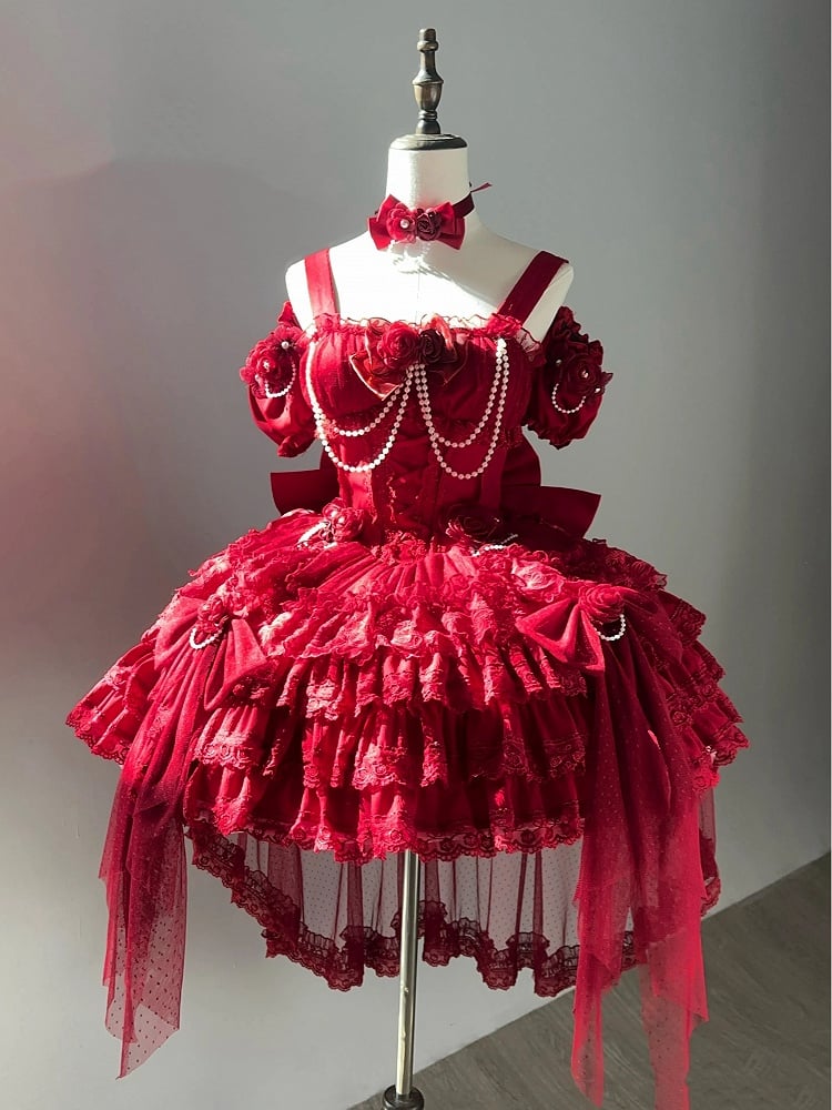 ウエストフラワーバスク裾フェアリースカートドレスジャンパーティアードレッドロリータ花嫁