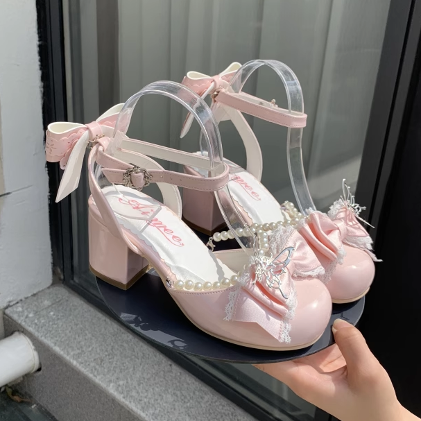 Pink Lolita Sweet Silver Bow Heels Block at Shoes with 6CM Top Butteffly Jane Mary - Aimee