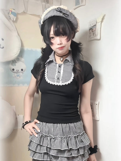 Brim Black and Flipped Gingham Beret White with