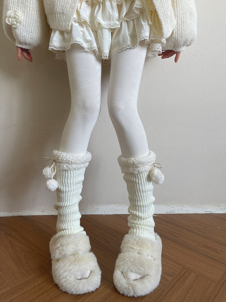 Warmers Ribbed Leg with Cuff Mid-Calf Sherpa Pom-Poms