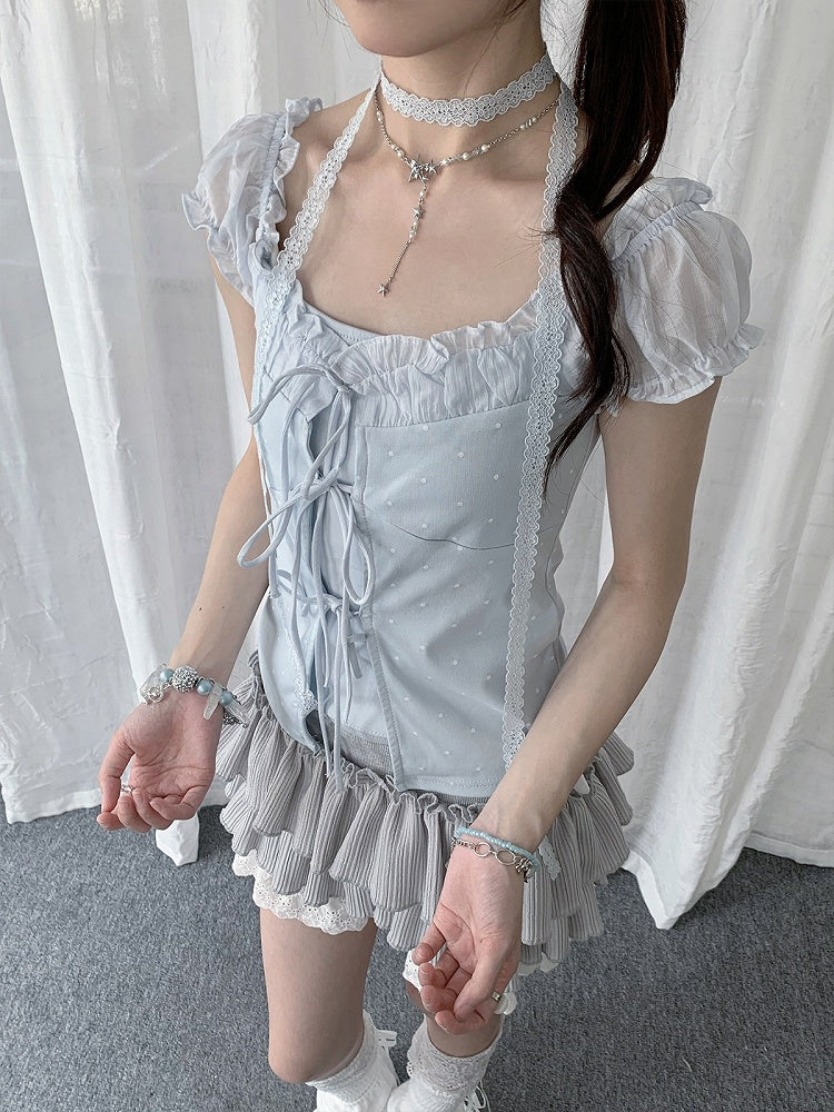 Blue Square Neck Puff Sleeve Blouse with Tie Accents - Solkatt