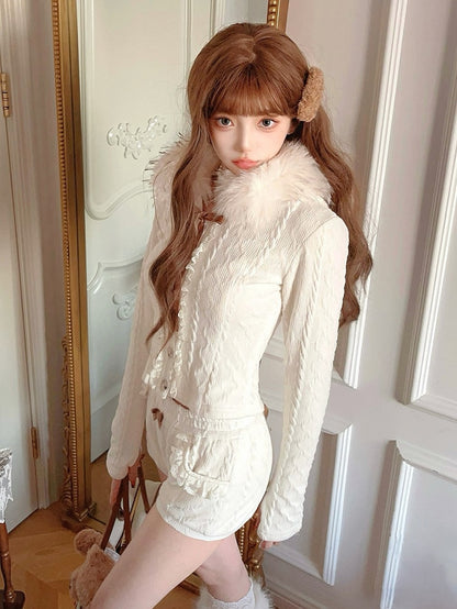 Brown Detail Lace-Trimmed With Shorts Knit Pocket Fleece Bow White