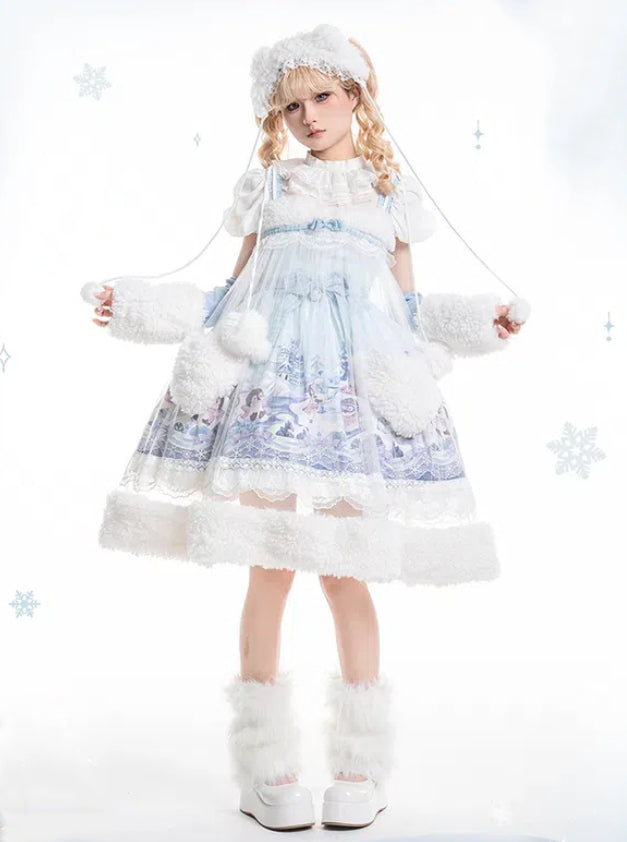 Sweet Winter High Waist Lolita JSK with Blue Penguin Print - Lineall Cat