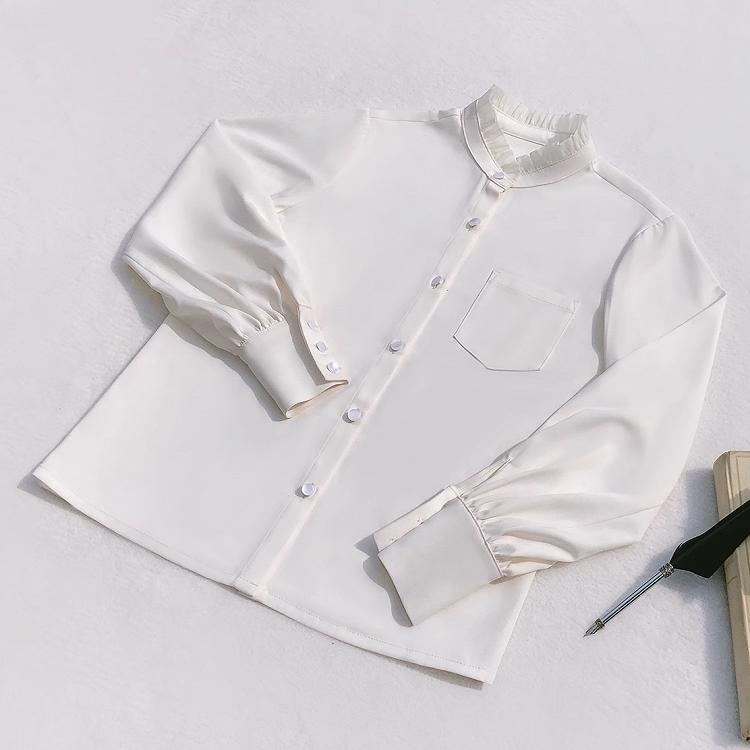 Hemd Weiß Langarm Chiffon Rüschen Ausschnitt