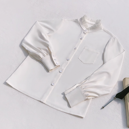 Hemd Weiß Langarm Chiffon Rüschen Ausschnitt