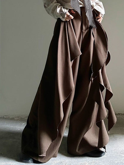 Fastening Button Pants Style Zip Ruffles Cascading Ornate Functional in Princely with Wide-leg Brown