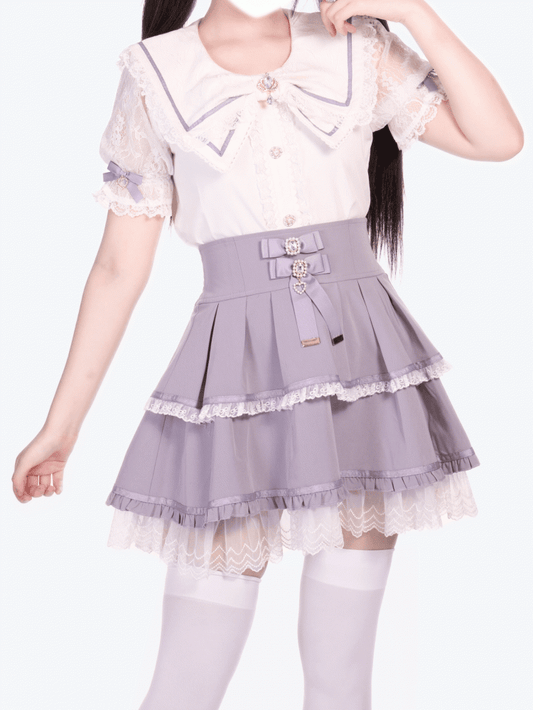 Tiered Purple Design Jirai with Kei Waist Bows Skirt High