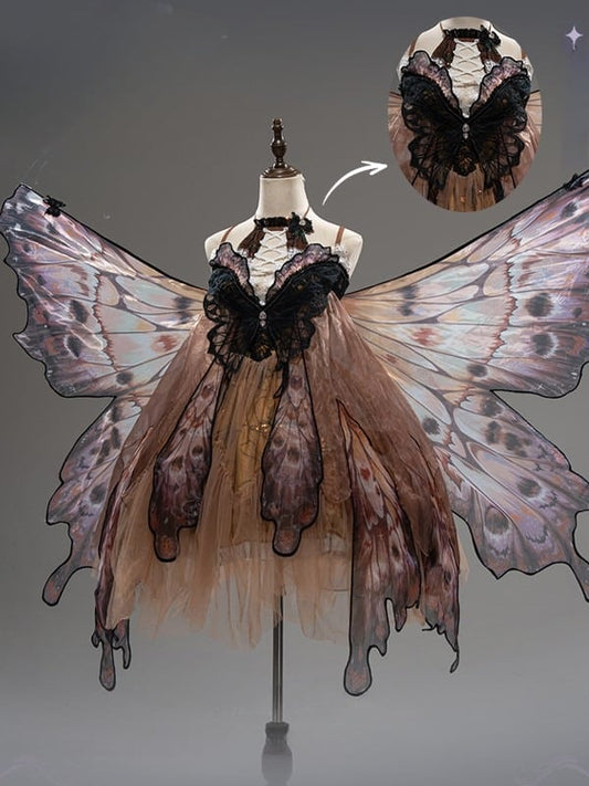 Black & Orange Butterfly Applique Gothic Lolita Dress with Butterfly Wing Hem Design