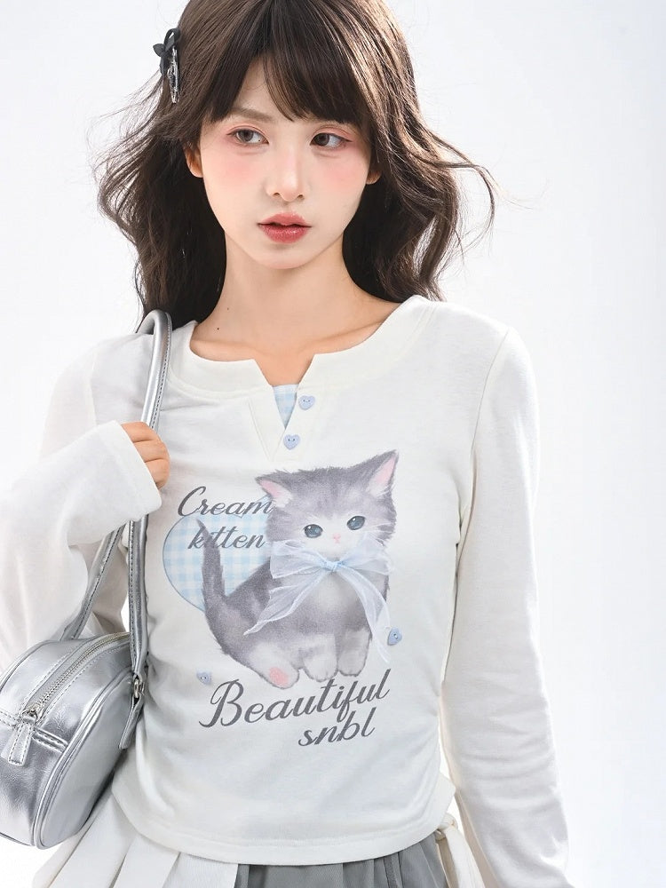 Adorable Cartoon Kitty Print Sweetheart Two-pieces Top Button Details White Faux