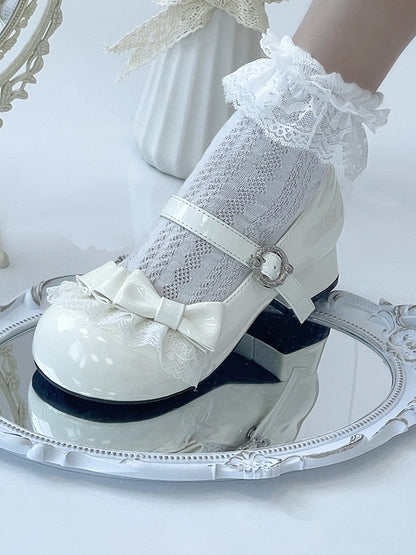 Sweet Janes Lace White PU Accents Lolita - with Bow Low-heel Round Trim Mary Toe