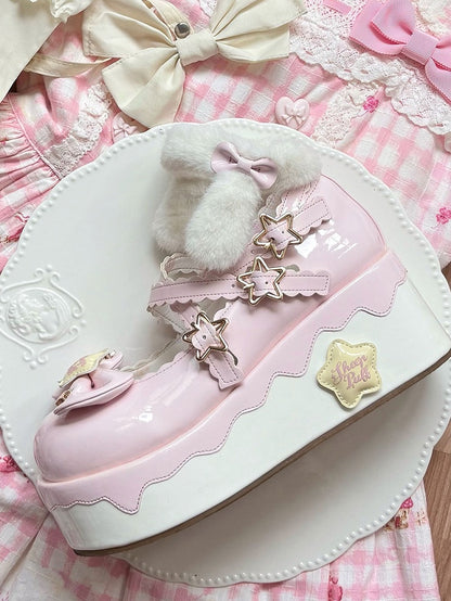 Strap with Pink Lolita - PU Detachable Sweet Puppy Mary Plush Ear Platform Janes Velcro Starry Ankle Theme