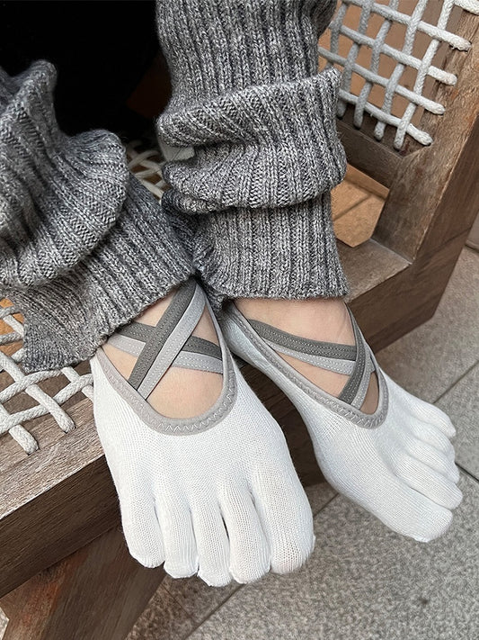 Non-Slip Colors) Five-Toe Yoga Criss-Cross Straps (2 Socks with