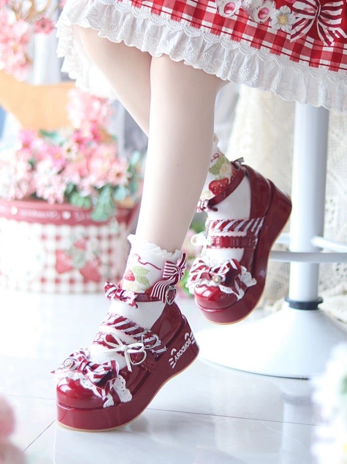 Red Sweet Details Lolita - for Heart-shaped Cat Fastener Print Mary Bowknot Wine with Janes