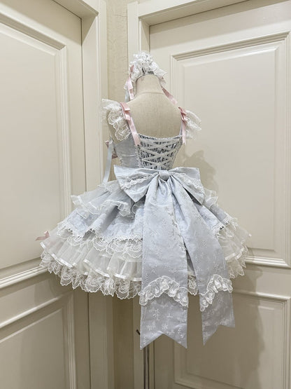 Jacquard Only Princess Dreamy Blue Train with Details JSK Ruffled Bow / Lace Dress Embossed + Lolita