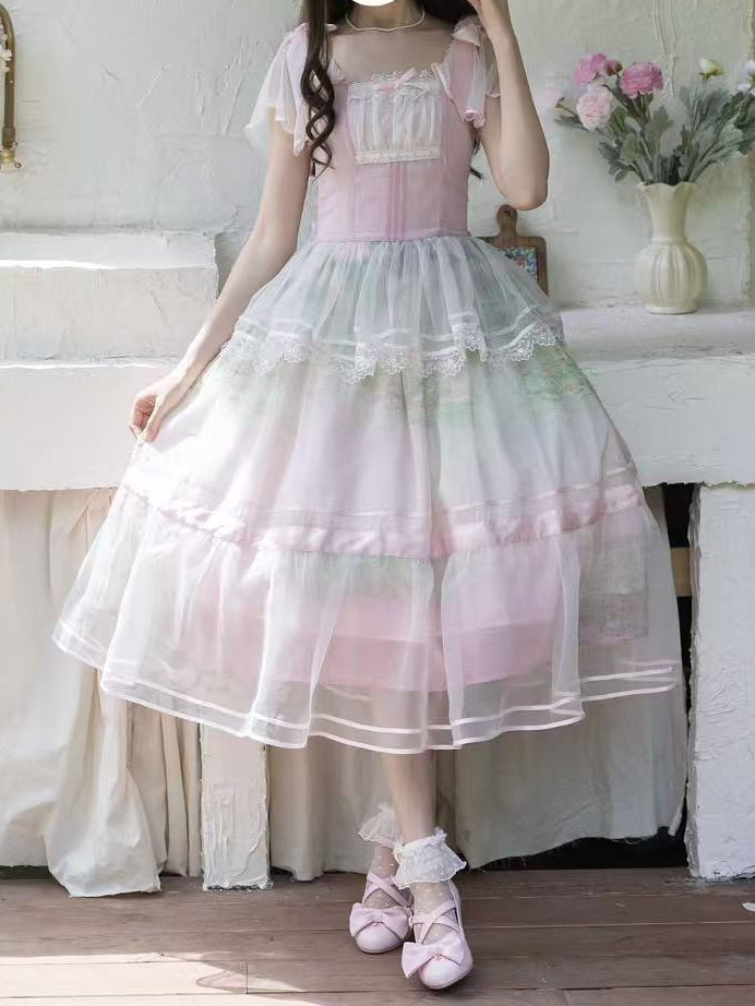 Oil Sleeves One Painting Water Lily Print Light Piece Pink Square Neckline and Flutter