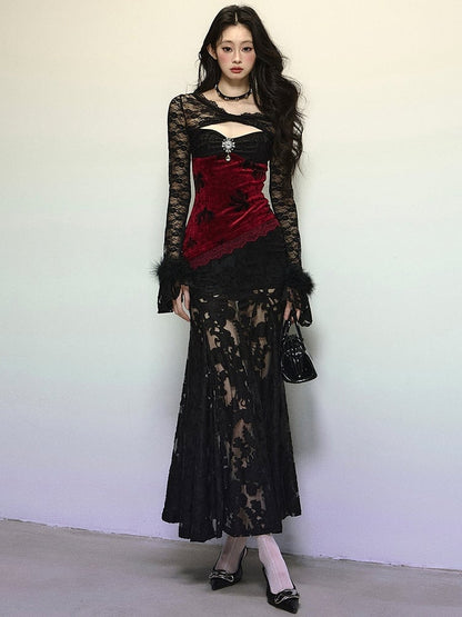 Black Asymmetrical Neckline Red Velvet Patchwork Semi-sheer Mermaid Skirt Dress Evening Gown