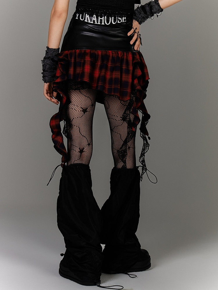 Ruffled Black PU Punk Skirt Hem Y2K Asymmetrical Red Plaid