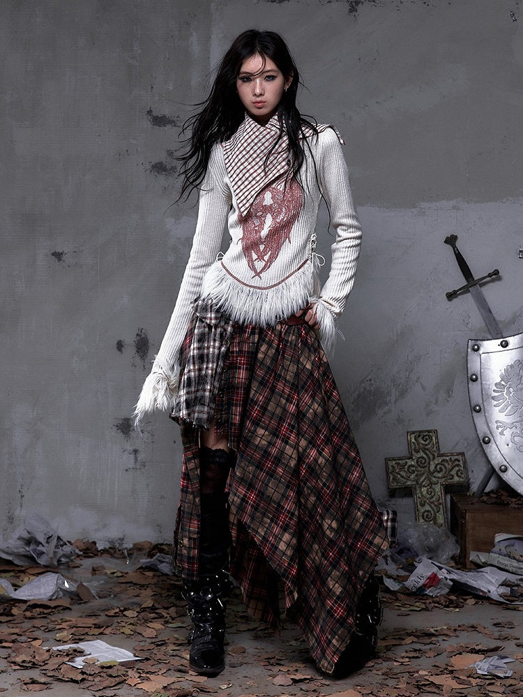 Shawl Vintage Red Print Christmas Plaid Knit Punk Top White Collar Wing with