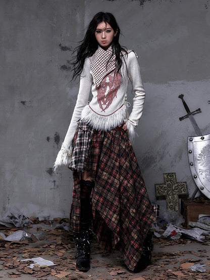 Shawl Vintage Red Print Christmas Plaid Knit Punk Top White Collar Wing with