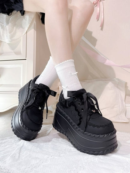 Shoes Cream Otaku - Black Trim with Details Platform Piping Bow Lace Kawaii