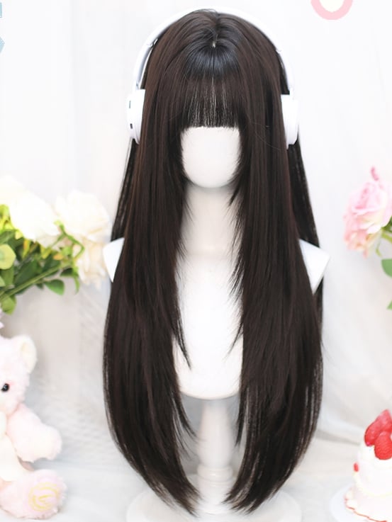 Mit schwarzem 70-75CM Pony Perücke Länge Tee gerade Luft