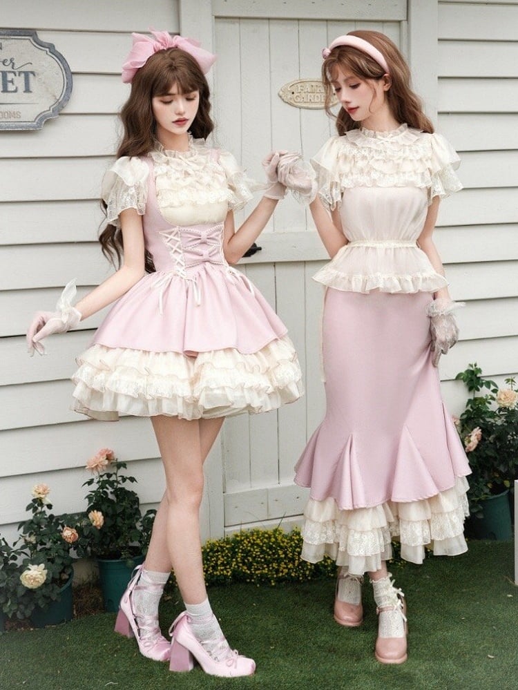 フリルブラウス ベージュネックライン バタフライスリーブ