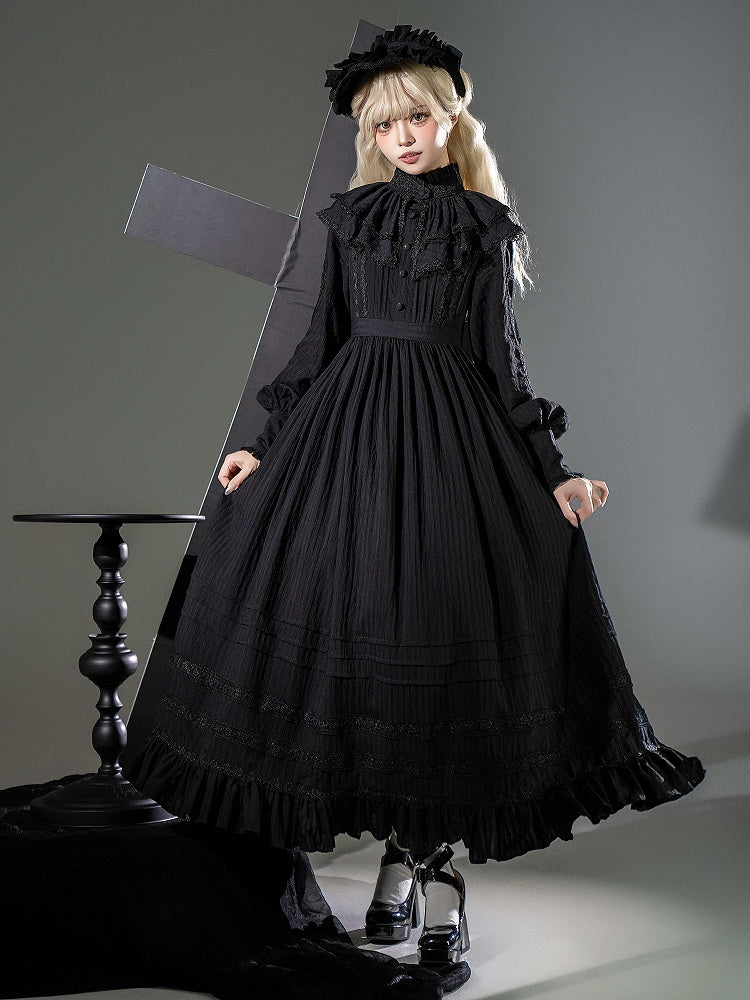 Lolita High Collar Sleeves Gothic Black Dress + Waist Long Kuro