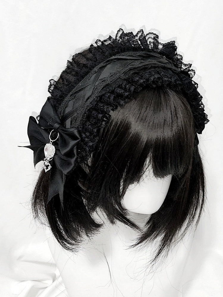 Dual-Shade Ribbon Lace Headband with Bow and Crystal Accents - Dokisuru