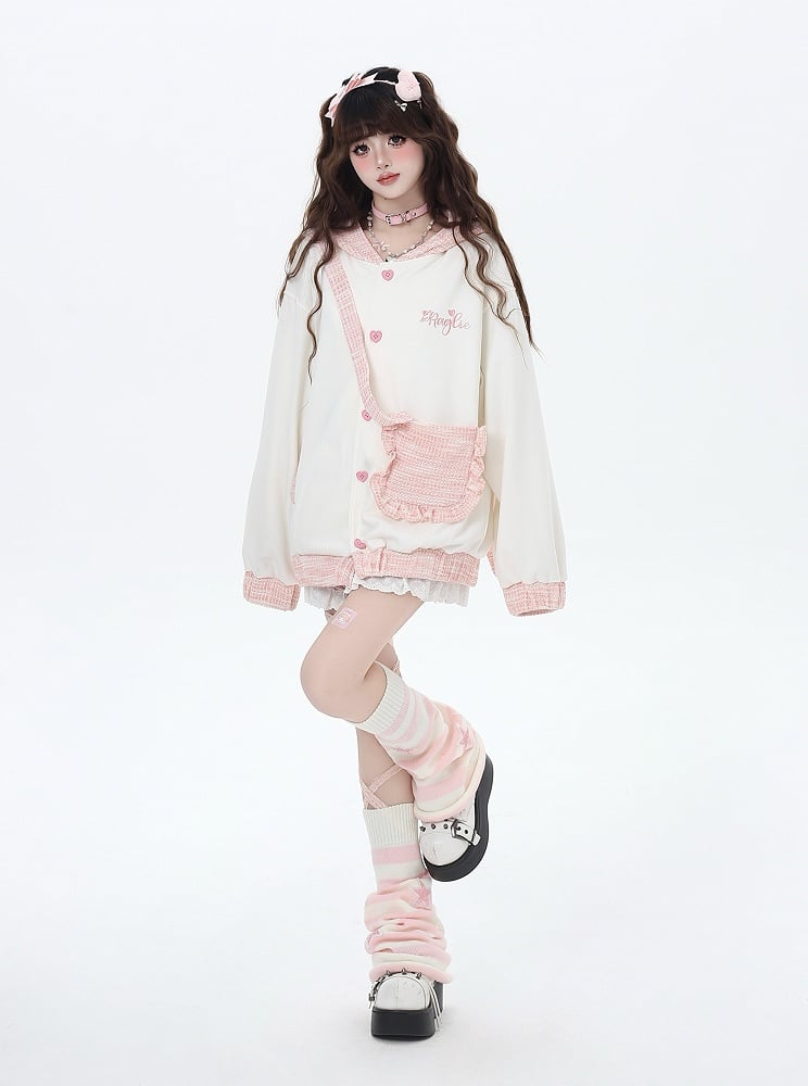 Apricot & Pink Heart-shaped Buttons Hoodie with Detachable Bunny Ear Design
