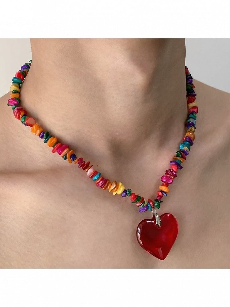 Y2K Multicolor Necklace with Red Heart Pendant - YSHXS
