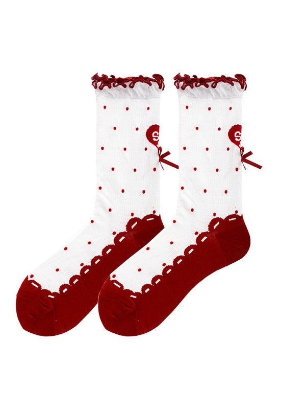 Polka Dot Heart Ankle Socks with Ruffle Lace Trim, 8 Colors - ROJI ROJI