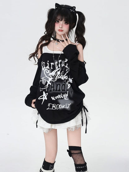 Star Y2K Print Offene Schulter Schwarz/Weiß Top Faux Zweiteiler