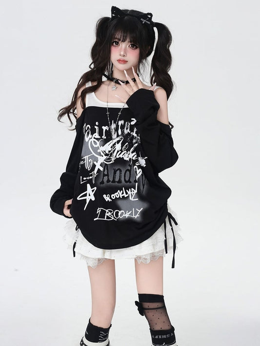 Star Y2K Print Offene Schulter Schwarz/Weiß Top Faux Zweiteiler