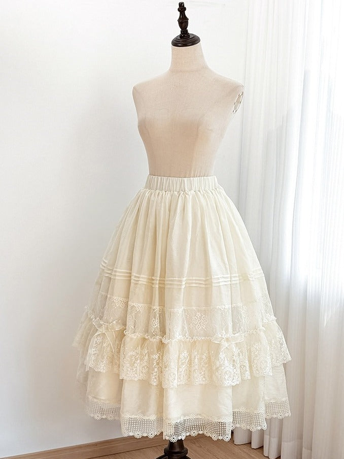 3-Color Lace Tiered Underskirt with Bow - Tan Tuan