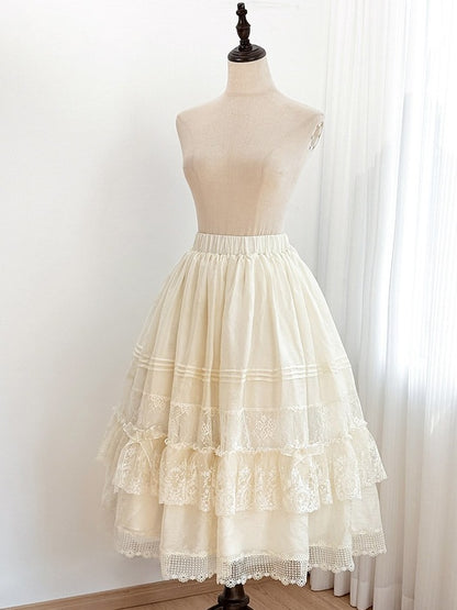 3-Color Lace Tiered Underskirt with Bow - Tan Tuan