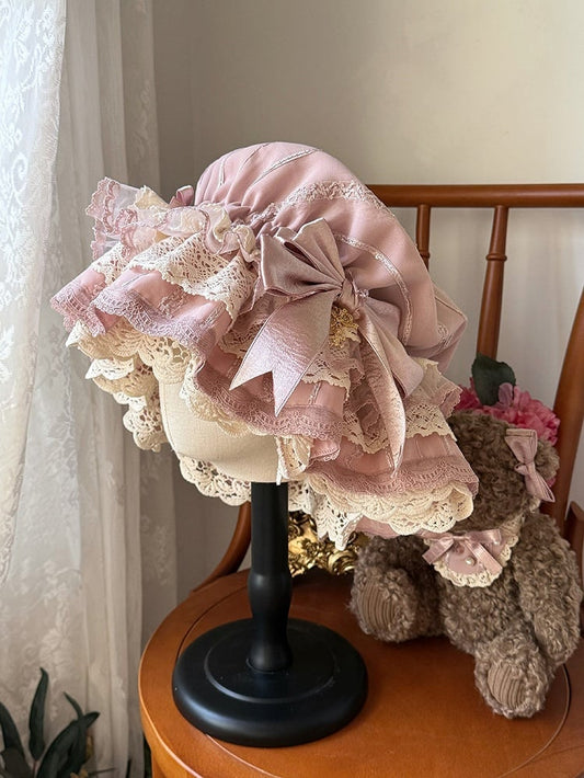 Detail Hat Beige with Sweet Pink Lolita Lace-Trimmed Bow