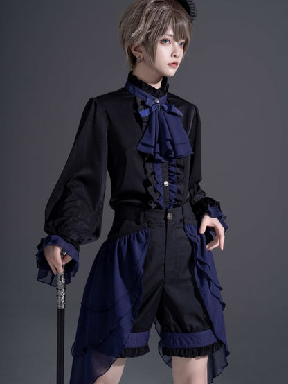 Schwarzes und dunkelblaues Ouji Lolita Fashion Prince Shirt mit Jabot