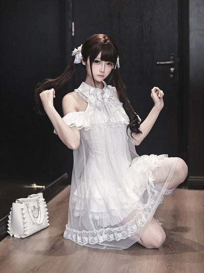 White Landmine Style Cutout Shoulder Dress with Sheer Overlay, Lace and Bow Tie - Ekomi