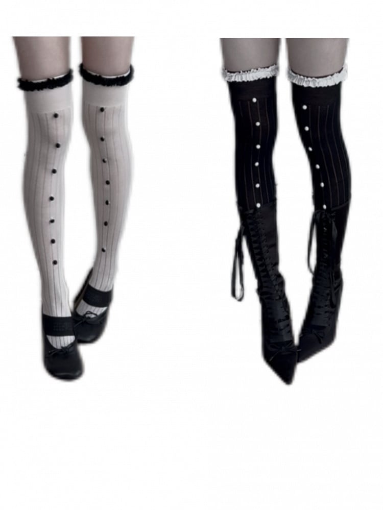 Gothic Cotton Over-the-Knee Stockings with Button Detail in White and Black - Damn Girl