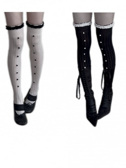 Gothic Cotton Over-the-Knee Stockings with Button Detail in White and Black - Damn Girl